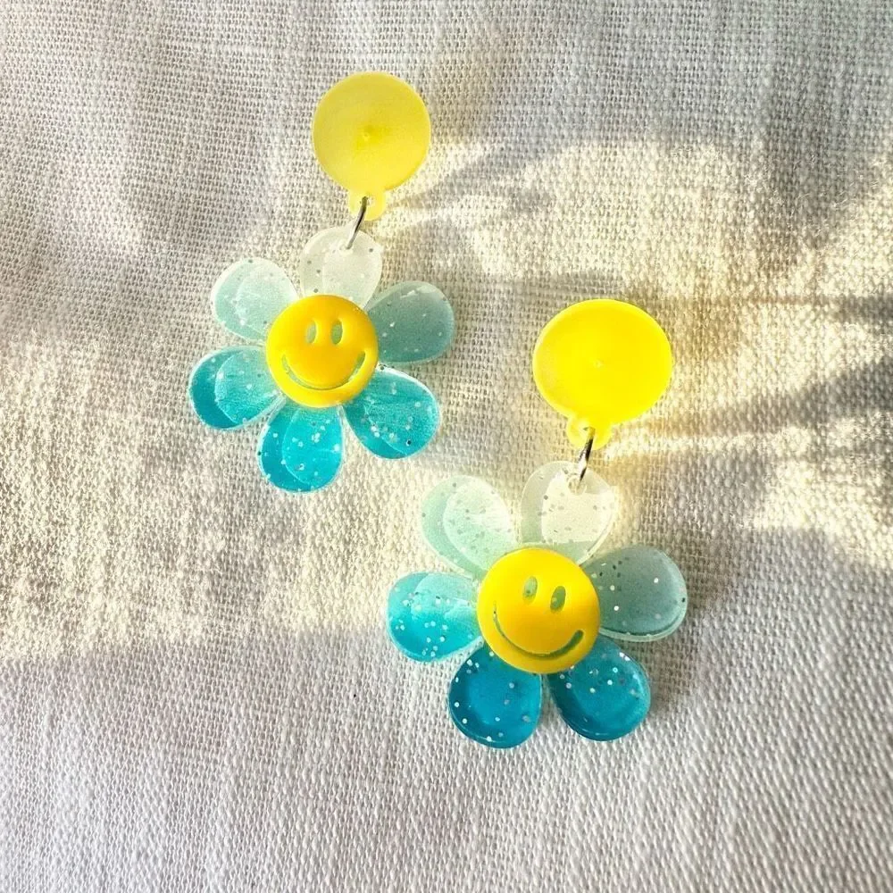 Yellow and blue smiley face flower earrings - 60’s style boho